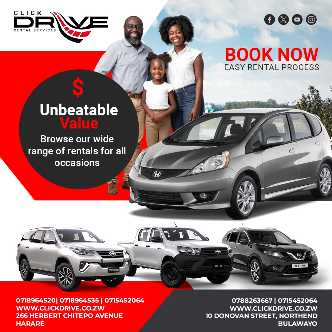 ClickdriveZim's tweet image. 🚗 Unbeatable Value, Unmatched Comfort!
Whether it’s a family trip, business run, or weekend getaway — ClickDrive Rental Services has the perfect ride for every occasion!

 ✅Easy booking process
✅ Affordable rates
✅ Reliable vehicles

📍 Harare : 266 Herbert Chitepo Avenue…