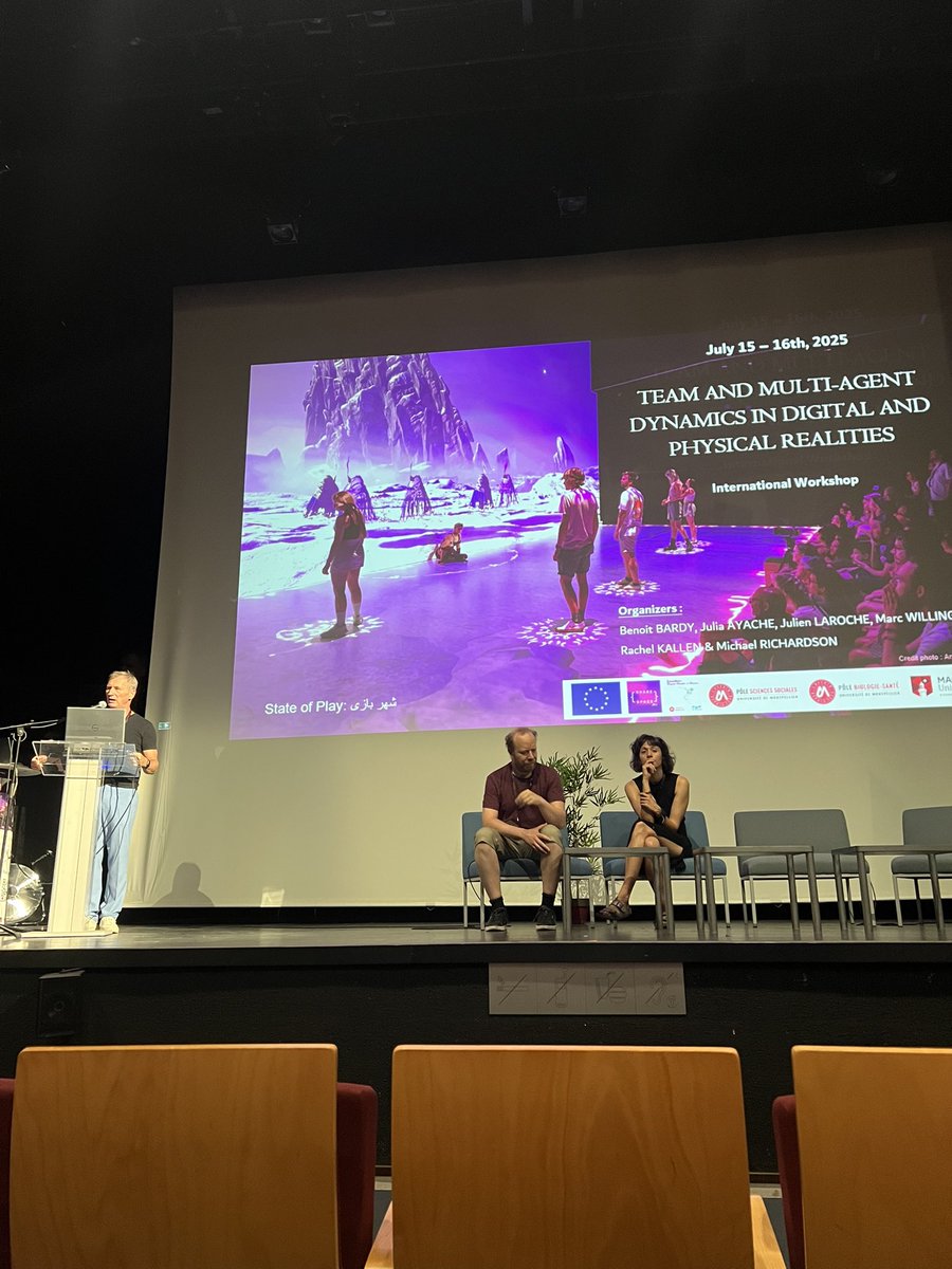mdiberna's tweet image. Our team at the team and multiagent dynamics workshop in Montpellier, France talking about phase derivation, synchronization and coordination of complex human movement #research #complexity @Sharespace_EU