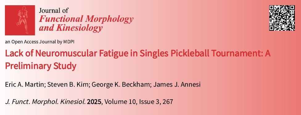 📢📑 Call for reading: "Lack of Neuromuscular Fatigue in Singles Pickleball Tournament: A Preliminary Study" by Martin et al.!

🔗Read more at: brnw.ch/21wUbow

🎾Part of our new Special Issue on Racket Sport Dynamics!

#Pickleball #Fatigue #OpenAccess #MDPI
