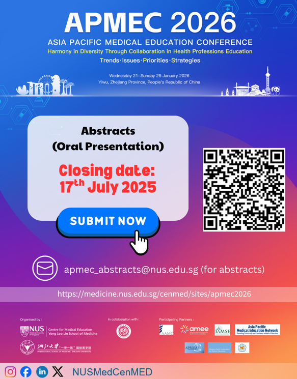 #Abstract(s) submission for oral presentations close in just 1 day.

Do not miss this opportunity to contribute to global conversations in #health professions #education at #APMEC2026.

Submit via the conference website now: medicine.nus.edu.sg/cenmed/sites/a…