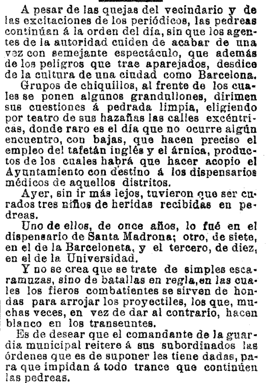 anys_poble_sec's tweet image. Fa #122anys un article cridava l'atenció sobre les violentes batalles de pedres i els perills que això implicava entre els veïns de #Barcelona. Un noi fou atès en el dispensari de #SantaMadrona per les ferides produïdes durant una batalla. Font: La Vanguardia (28/05/1903)