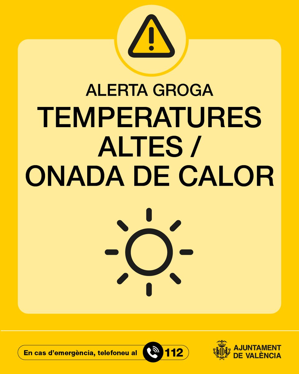 policialocalvlc's tweet image. ⚠️☀️⛱️ Alerta groga per temperatures elevades per a hui a la ciutat de València.
Ací teniu unes recomanacions 👎