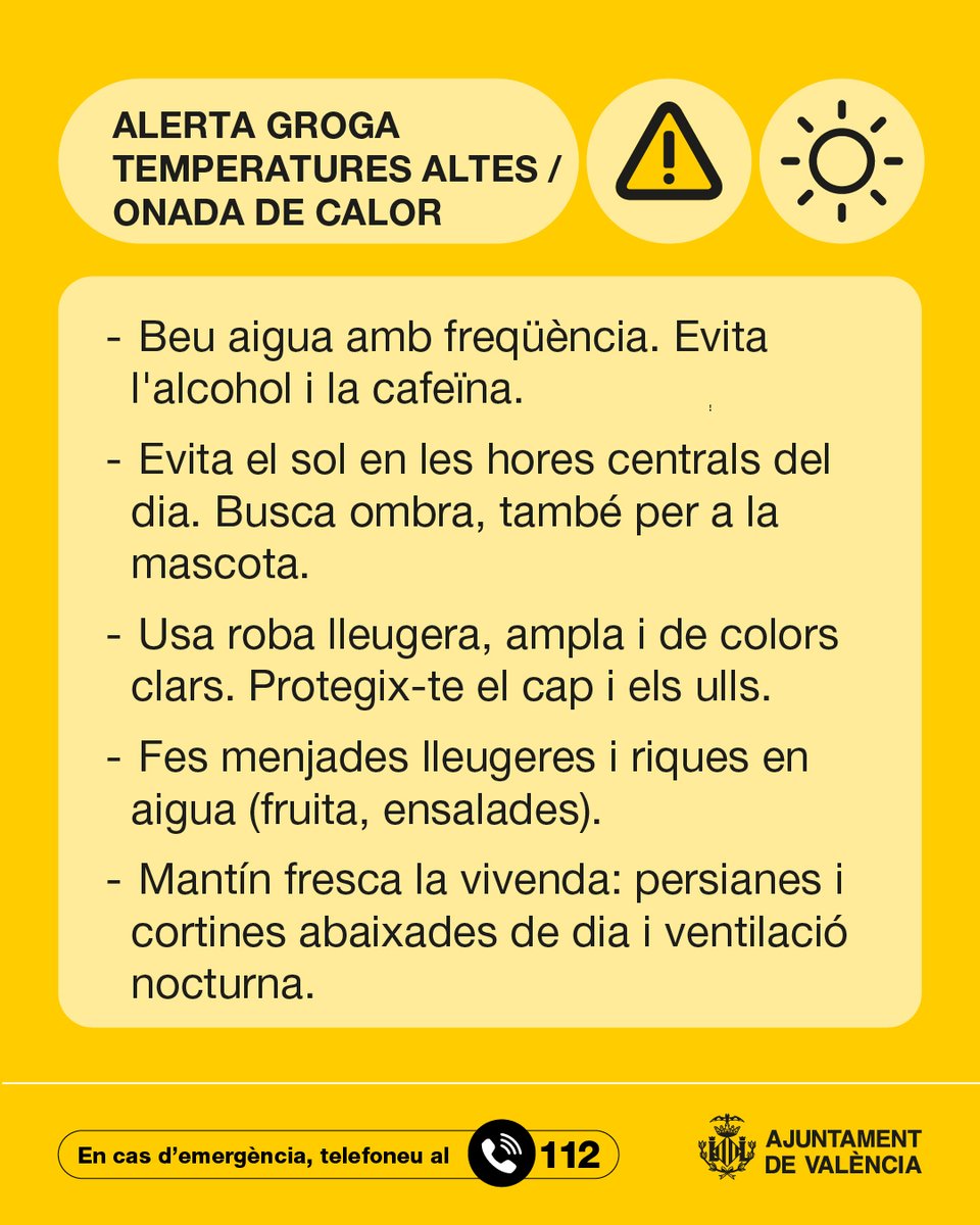 policialocalvlc's tweet image. ⚠️☀️⛱️ Alerta groga per temperatures elevades per a hui a la ciutat de València.
Ací teniu unes recomanacions 👎