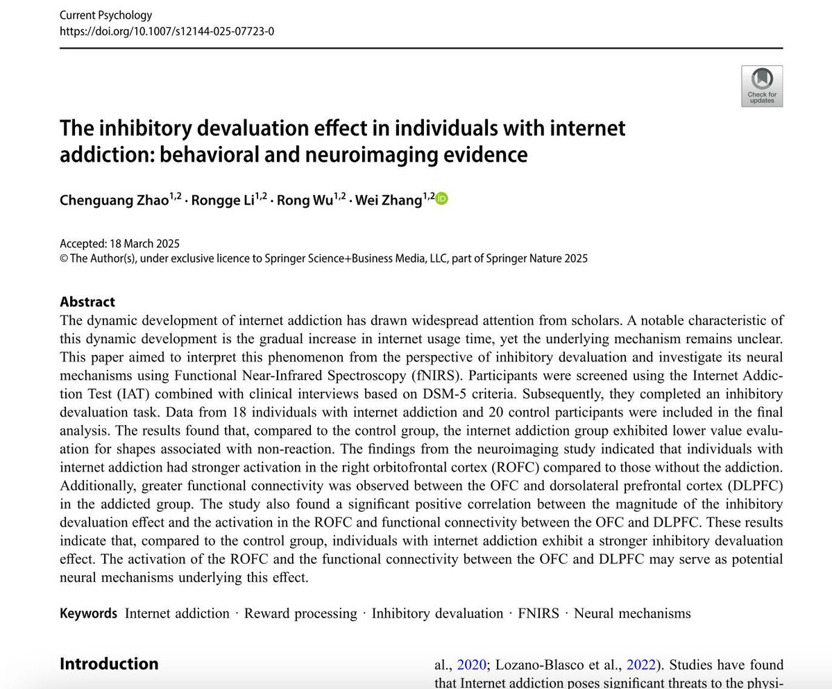 NIRx_NIRS's tweet image. Zhao et al. (2025) used #fNIRS to reveal stronger inhibitory devaluation effects in people with #InternetAddiction, alongside greater ROFC activation and OFC–DLPFC connectivity.
🧠 Suggests altered inhibitory control mechanisms.
🔗 doi.org/10.1007/s12144…
