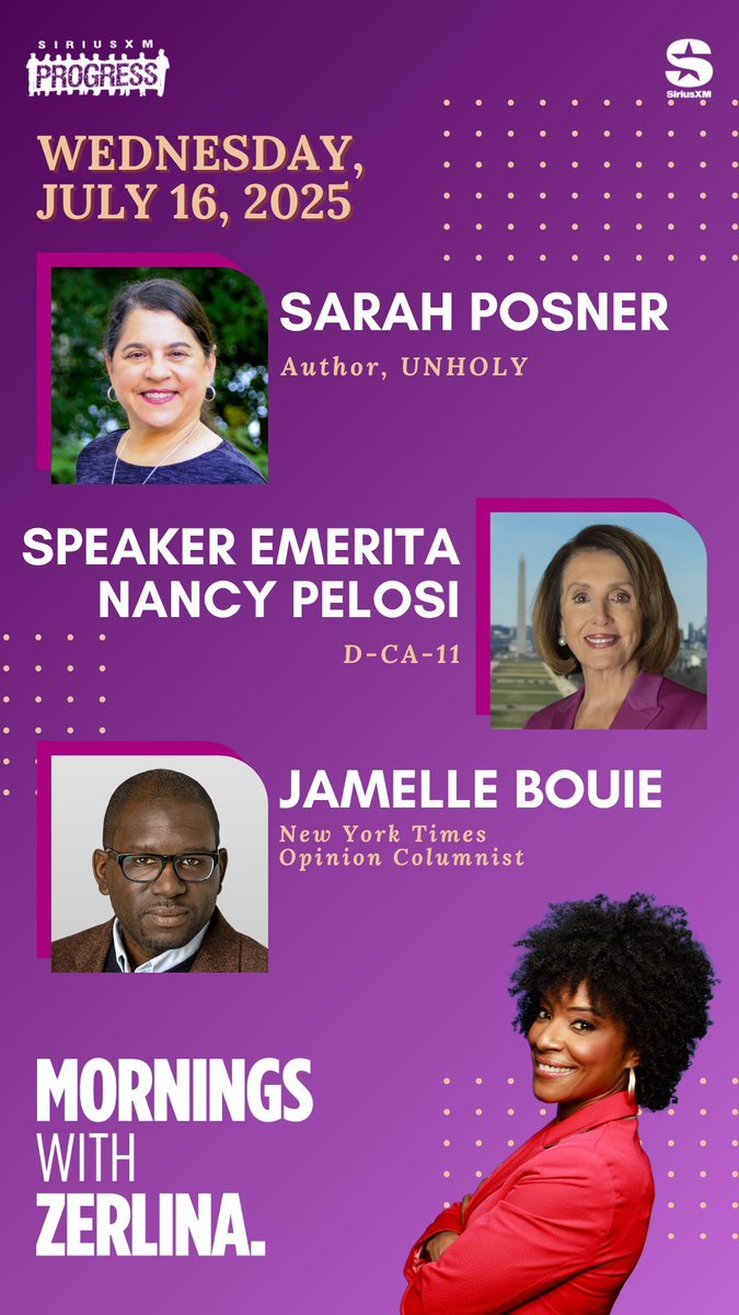 ZerlinaMornings's tweet image. Hello Wednesday! Joining Zerlina: To continue our Faith & Politics series, Investigative Reporter & author of UNHOLY Sarah Posner + Speaker Emerita @SpeakerPelosi! Plus @nytopinion Columnist @jbouie!
☎️ 866-997-4748
📻 @SiriusXMProg Ch. 127
siriusxm.us/Zerlina