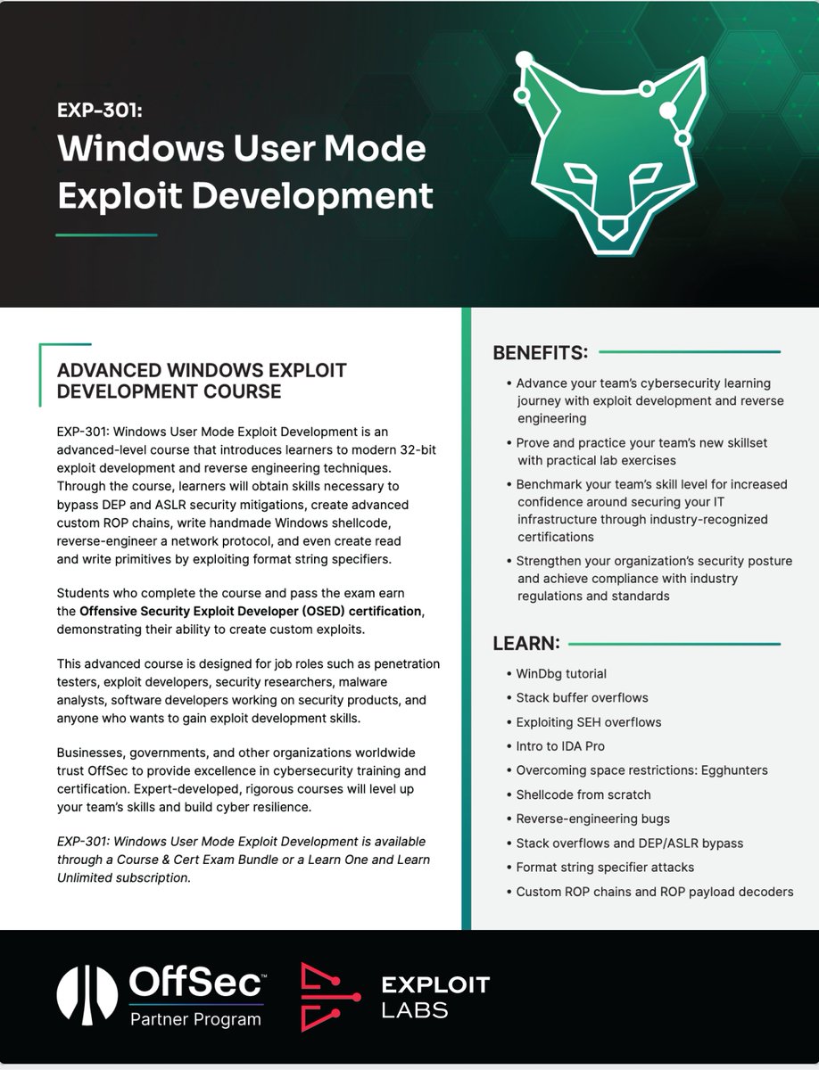 🚨 Announcement: OSED / EXP-301 Training at Exploit Iceland 2025 🚨

We’re bringing the legendary Windows Userland Exploit Development (OSED) training to Iceland this September — live, 5 days hands-on!
👉 For less than USD6,000.!
hubs.ly/Q03vX21Y0