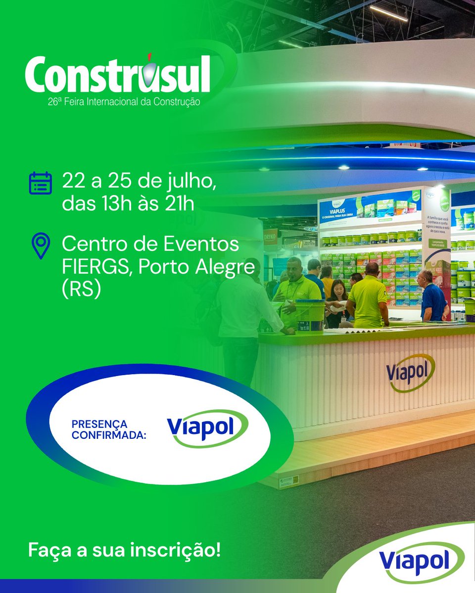 Você está convidado!

Entre os dias 22 e 25 de julho, te esperamos na Construsul, evento que une os setores de construção, acabamentos e infraestrutura.

Contamos com a sua presença!

Confira mais informações em: bit.ly/3Ixk6AQ

#Viapol #Construsul #ConstruçãoCivil