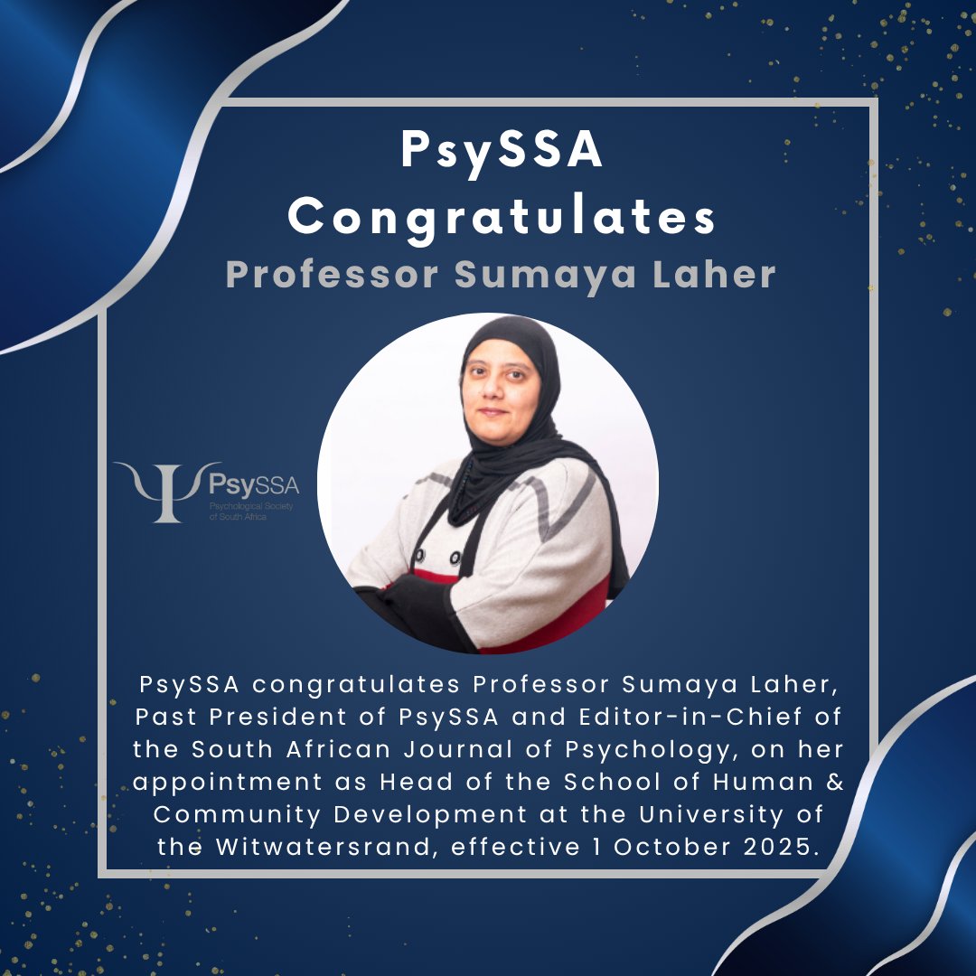 PsySSA_'s tweet image. Congratulations, Prof Sumaya Laher
Past President of PsySSA & Editor-in-Chief of the SAJP
Appointed as Head of the School of Human & Community Development
University of the Witwatersrand
Effective 1 October 2025
We celebrate your continued leadership and impact in Psychology!