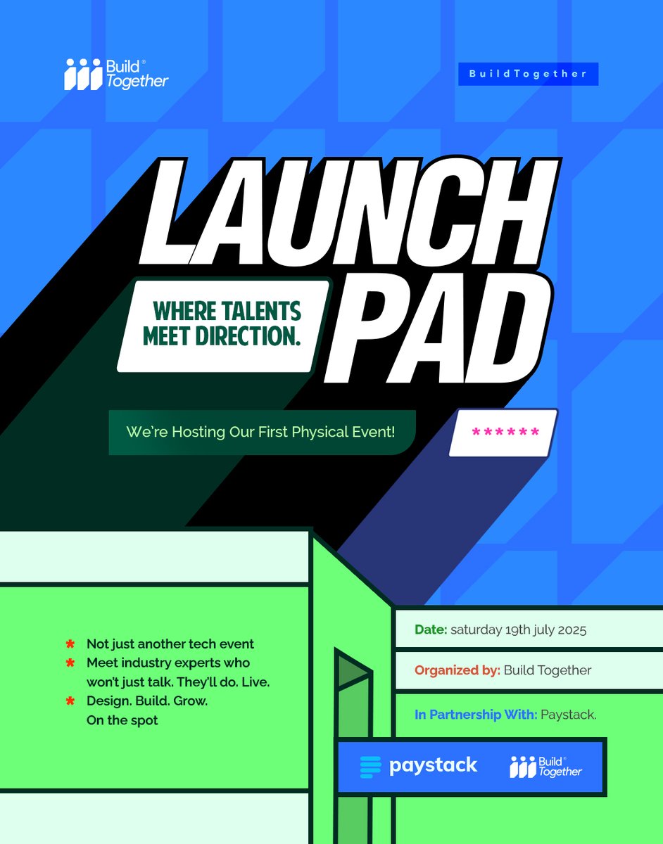 paystack's tweet photo. We’re thrilled to partner with @BuildtogetherHQ to bring LaunchPad to life, a hands-on event for early-career product designers in Lagos.

Expect live walkthroughs, expert feedback, and real community.

🗓️ Sat, July 19
⏰ 11 AM

RSVP 👇🏾
https://t.co/yjfK85lmJX https://t.co/zYu0KZ5XHB