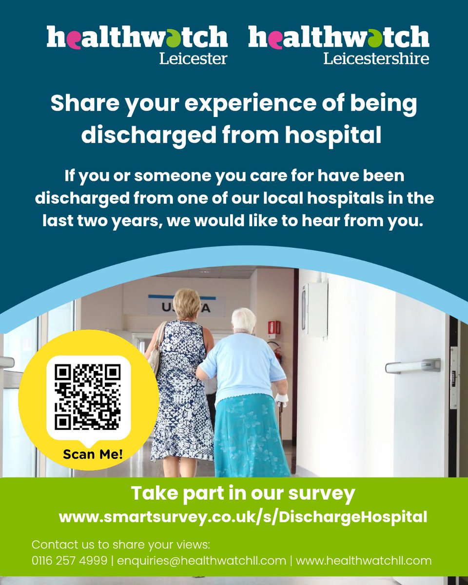 Healthwatch Leicester and Leicestershire (@healthwatchleic) on Twitter photo 📝 There's still time to complete this  survey if you have been discharged from hospital in the last two years. 
Share your experience. smartsurvey.co.uk/s/dischargehos… 📝 There's still time to complete this  survey if you have been discharged from hospital in the last two years. 
Share your experience. smartsurvey.co.uk/s/dischargehos…