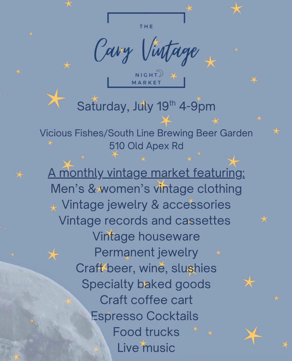 ShopLocRaleigh's tweet image. The Cary Vintage NIGHT Market returns this Saturday!🌙 Check out vintage vendors, permanent jewelry, sweet treats, food trucks, and more at this market from Hummingbird Collective.
🗓️ Saturday, July 19
⌚ 4pm-9pm
📍 510 Old Apex Rd. Cary, NC