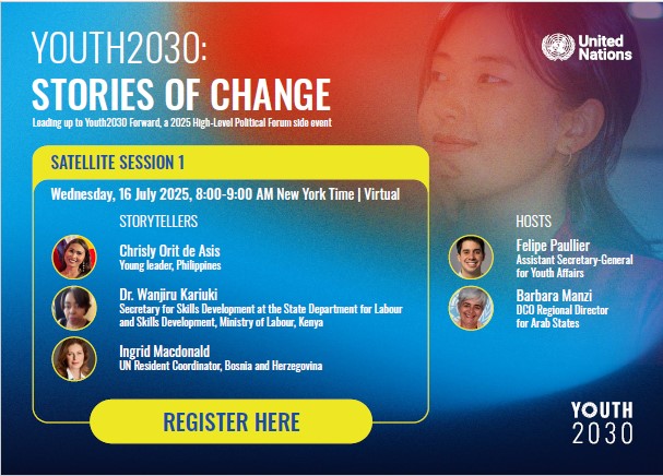UNNamibia's tweet image. Youth-led change in action!
Don’t miss #Youth2030: Stories of Change — spotlighting inspiring youth from around the world.
🗓️16 July | 14:00 🇳🇦
🔗 zoom.us/webinar/regist…
🗓️17 July | 16:00 🇳🇦
🔗zoom.us/webinar/regist…
#StoriesOfChange #UNNamibia #HLPF2025 #SDGs