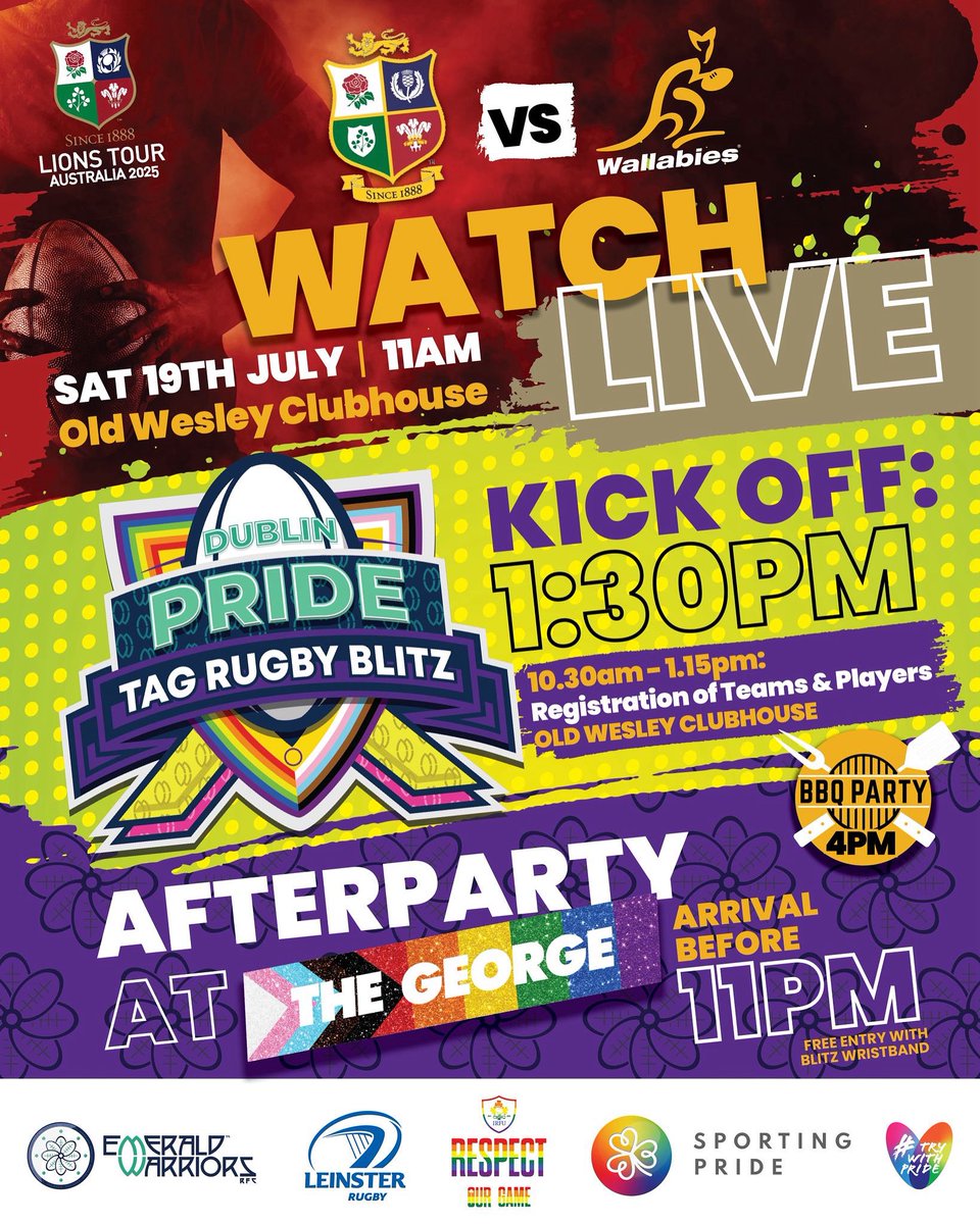 Emerald Warriors RFC (@ewrfc) on Twitter photo Last chance to book onto our first Dublin Pride Tag Rugby Blitz, with support from the <a href="/IrishRugby/">Irish Rugby</a> and <a href="/leinsterrugby/">Leinster Rugby</a> , taking place Saturday 19th July 2025 at Energia Stadium.
Book here: forms.gle/qAZdsmXzqSk9gV… Last chance to book onto our first Dublin Pride Tag Rugby Blitz, with support from the <a href="/IrishRugby/">Irish Rugby</a> and <a href="/leinsterrugby/">Leinster Rugby</a> , taking place Saturday 19th July 2025 at Energia Stadium.
Book here: forms.gle/qAZdsmXzqSk9gV…