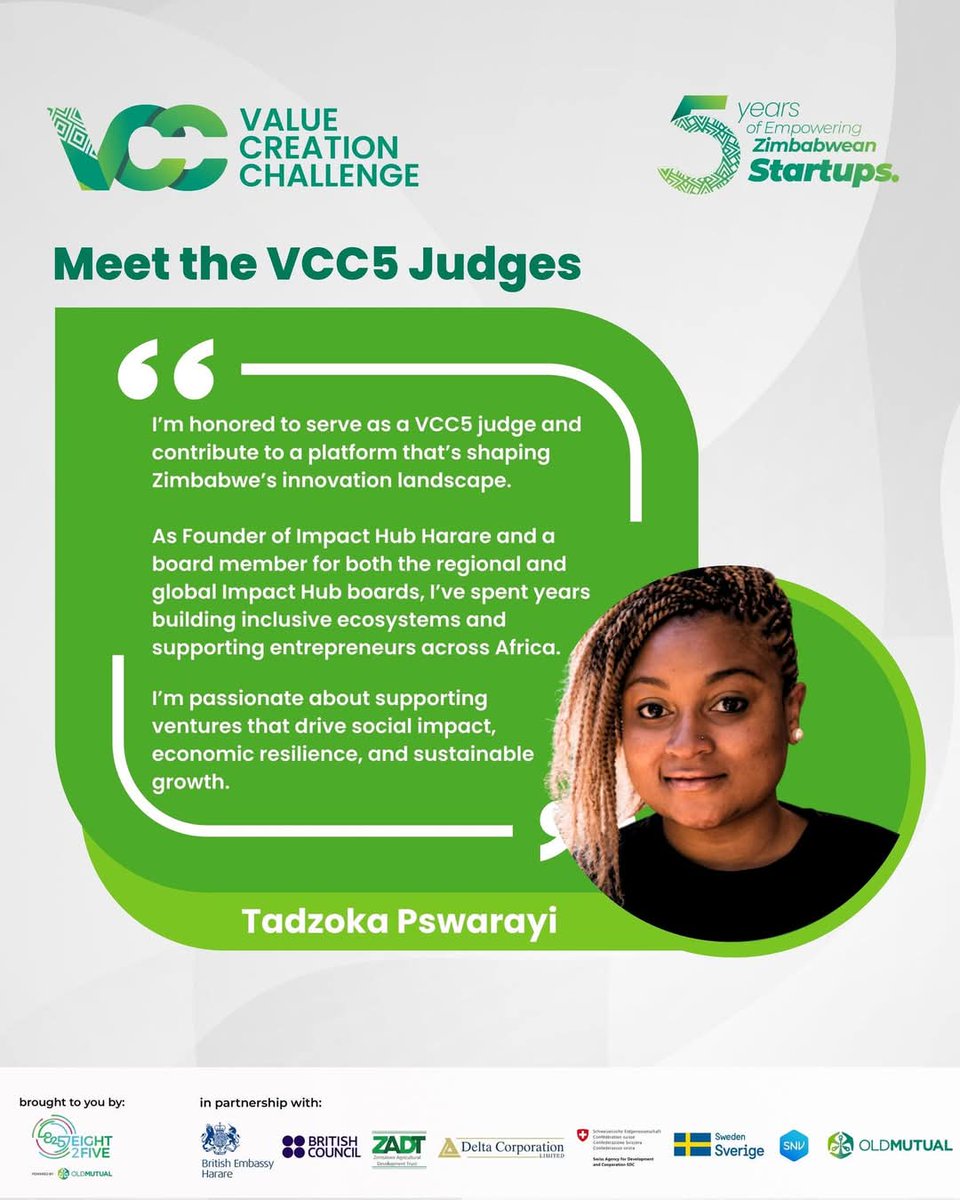 🚨 Exciting News!
Our Executive Director, Tadzoka Pswarayi, joins the Value Creation Challenge as a judge, hosted by Eight2Five
With her passion for innovation &amp; impact, she’ll help spotlight bold ideas driving real change. Let’s go! 💡🇿🇼 #VCC2025 #Innovation #Zimbabwe