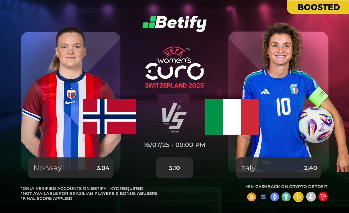 Betify's tweet photo. UEFA Women EURO 2025🏆
Norway - Italy

Predict first player scorer + final score for a chance to win a 🎁

💚 + RT ♻️ + 🔔 Follow @betify
⚠️ 1 guess per account
No Betify🆔 = No participation
🔥 3 winners

🔗 https://t.co/TWjwGh1czD