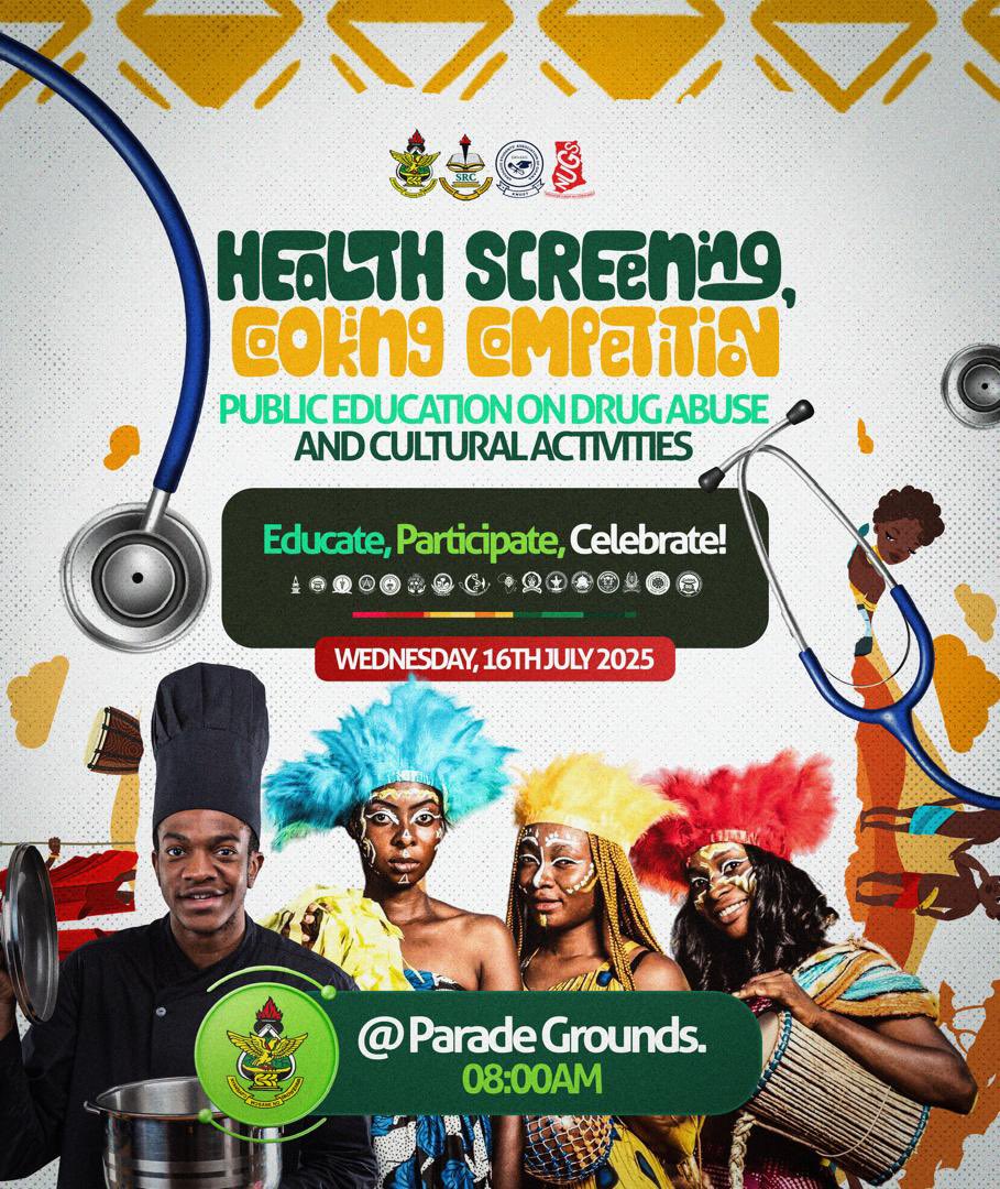 brakonation's tweet photo. It’s LIVE at the Parade Grounds!
Health Screening ✅
Cooking Competition 🔥
Cultural Vibes 🪘💃🏾
Public Education on Drug Abuse 🧠

We’ve started already, pull up and join the excitement! 💚💛❤️

📍 Parade Grounds
#StudentsWeek2025 #KNUSTSRC https://t.co/xlXeRYCIrU