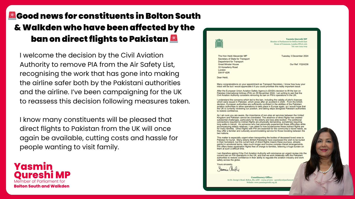 YasminQureshiMP's tweet image. 📢 🚨Good news for constituents in Bolton South & Walkden who have been affected by the ban on direct flights to Pakistan
The AIr Safety Committee has cleared @Official_PIA to resume flights to the UK after evaluating safety changes following the 2020 ban