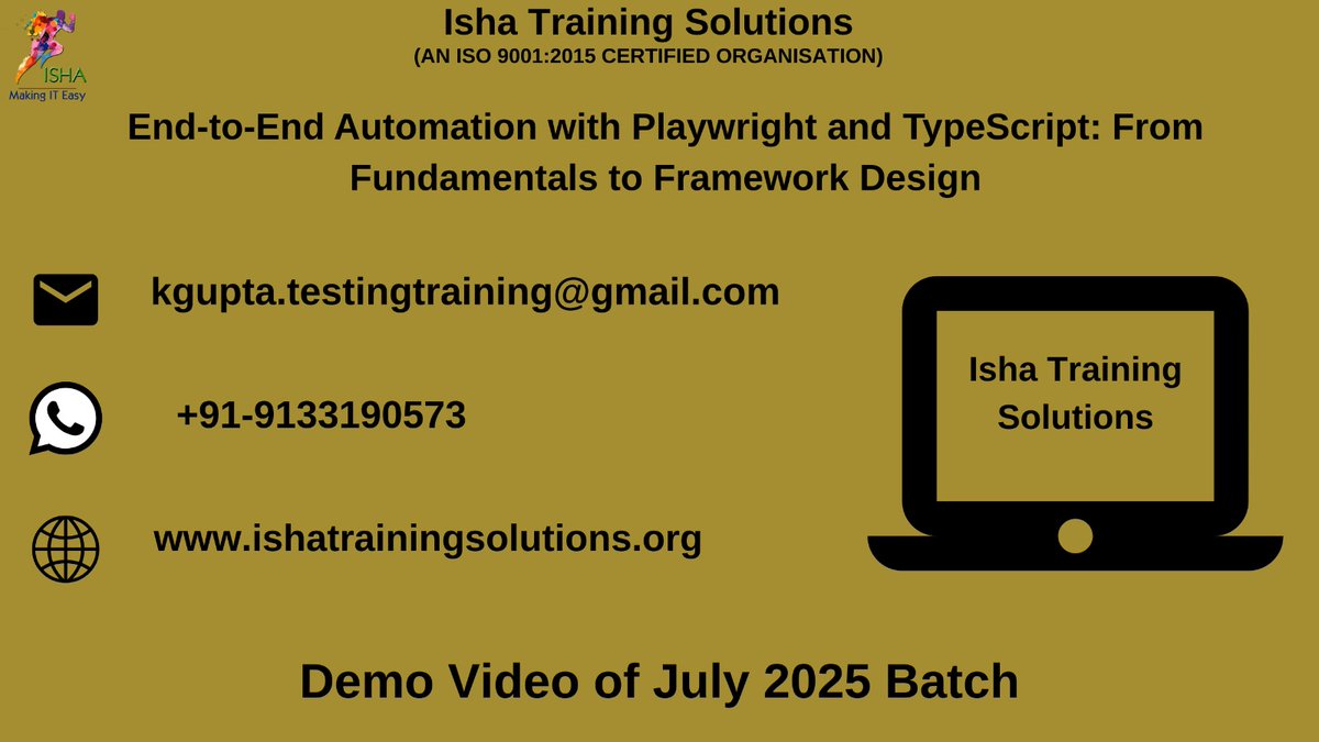 IshaKumargupta's tweet image. “End-to-End Automation with Playwright and TypeScript”-Demo Video
youtu.be/vdgEdiyScCA
Enrollments are still in progress
17th July@7:30AM(IST)/16th July@10PM(EST)
The course Price:6,900 INR/89USD
call/WhatsApp@+91-9133190573/8977922427
#PlaywrightWithTypeScript