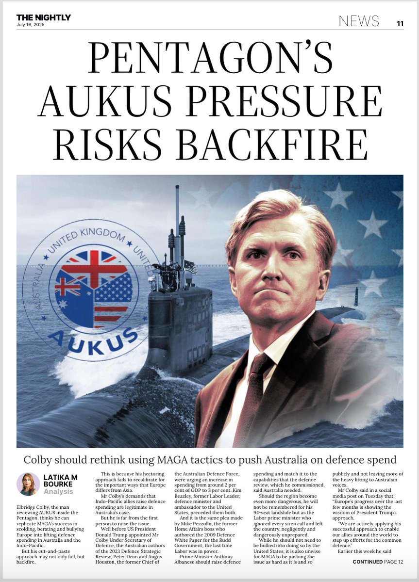 latikambourke's tweet image. 🆕from me.
I wrote about why MAGA's belief that it can bully the Indo-Pacific allies on defence spending in the same way it did NATO may be misguided.
Read it in @thenightlyau: latika.me/MAGAIndoPacific