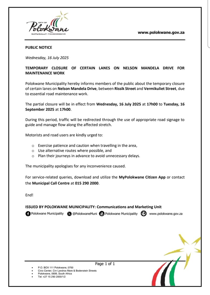 PolokwaneMuni's tweet image. TEMPORARY LANE CLOSURE ALERT
From 16 July (17h00) to 16 Sept (17h00), lanes on Nelson Mandela Dr (Rissik–Vermikuliet) will be partially closed for maintenance.
Please use alternative routes & plan ahead.
Log queries via MyPolokwane Citizen App or call 015 290 2000.
End