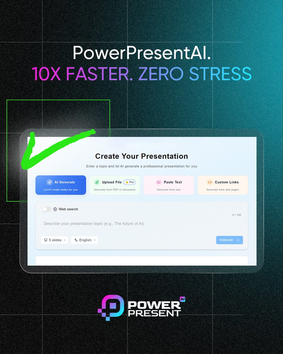 PowerPresentAI's tweet photo. Blank slides? Nah.

PowerPresent AI is built for the too-busy-for-this generation.

💡 Upload a doc.
💻 Get a whole deck.
🧠 10× faster.
✨ 100% cooler.

#AItools #GenZTech #PresentationGlowUp #PowerPresentAI https://t.co/SFlYOYZ1Q1