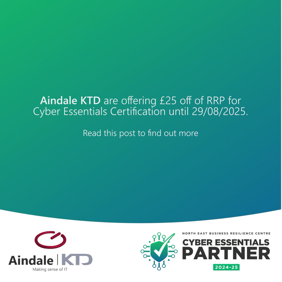 Cyber Essentials is a key first step to improve your business’ cyber resilience 🔐

To help you get started on your journey to cyber resilience, our partners at Aindale KTD are offering £25 off Cyber Essentials until the 29/8 💚

You can get in touch with them on 01484 518899.