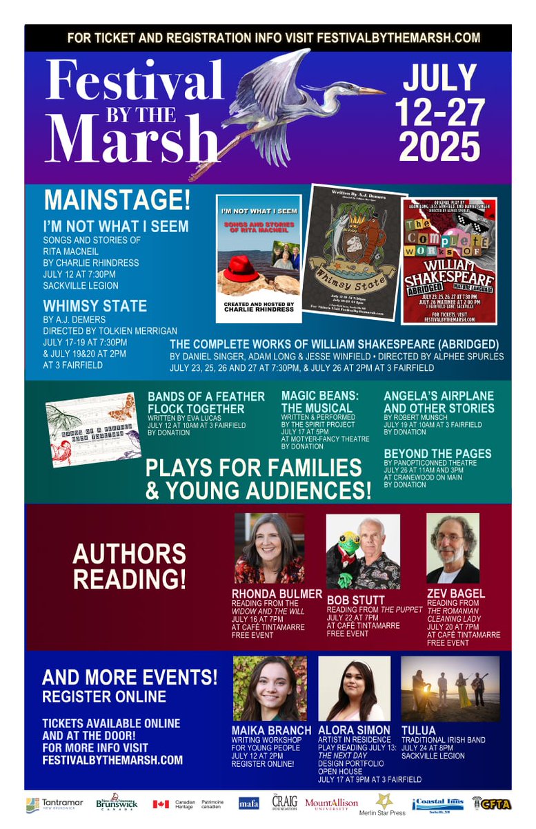 Great theatre, music, workshops, stellar New Brunswick authors and books, right here in Sackville, going on right now...Festivalbythemarsh.com