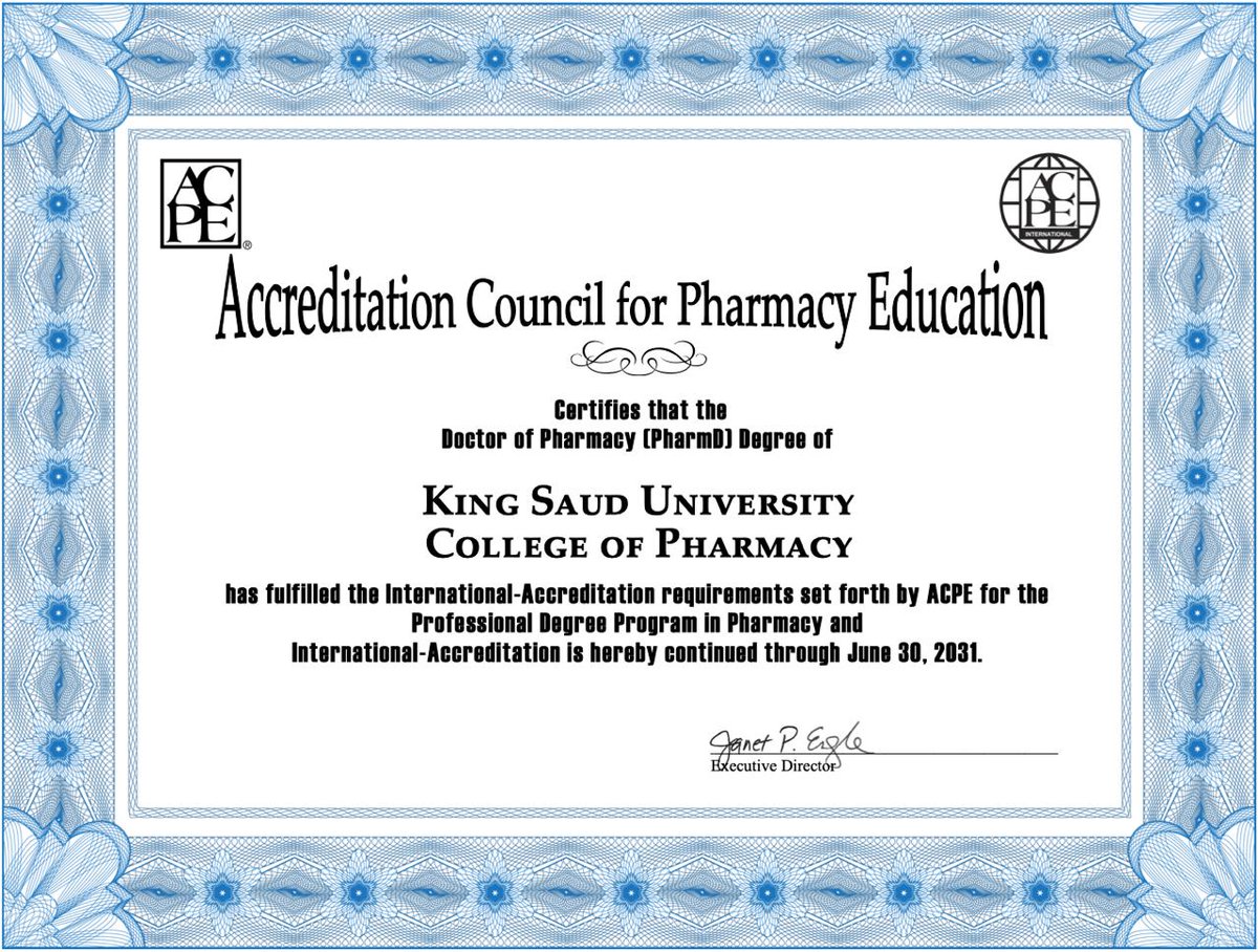 تعلن كلية الصيدلة عن التجديد الكامل لاعتماد برنامج دكتور صيدلي من مجلس اعتماد التعليم الصيدلي الأمريكي
ACPE
وذلك لمدة ست سنوات تنتهي في عام 2031.

نشكر كل من ساهم في تحقيق هذا المستهدف من طلاب وخريجين وأعضاء هيئة تدريس وإداريين وشركاء النجاح.