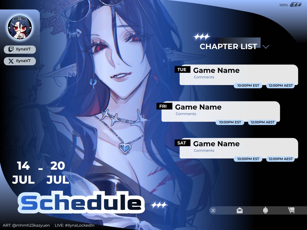 [ WIP ] - Schedule Template 💙 🩵

I plan to release this for free!
It is optimized for people who stream for 3 days / week or less
but I will make a version with a full week and offline status if there is any interest ❕