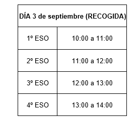 IES Núñez de Arce (@iesnunezdearce) on Twitter photo RECOGIDA LIBROS RELEO
El día 3 de septiembre (miércoles) las familias procederán a la recogida de los libros adjudicados (según orden de prelación facilitado por la Consejería de Educación).  
Con el siguiente horario: RECOGIDA LIBROS RELEO
El día 3 de septiembre (miércoles) las familias procederán a la recogida de los libros adjudicados (según orden de prelación facilitado por la Consejería de Educación).  
Con el siguiente horario: