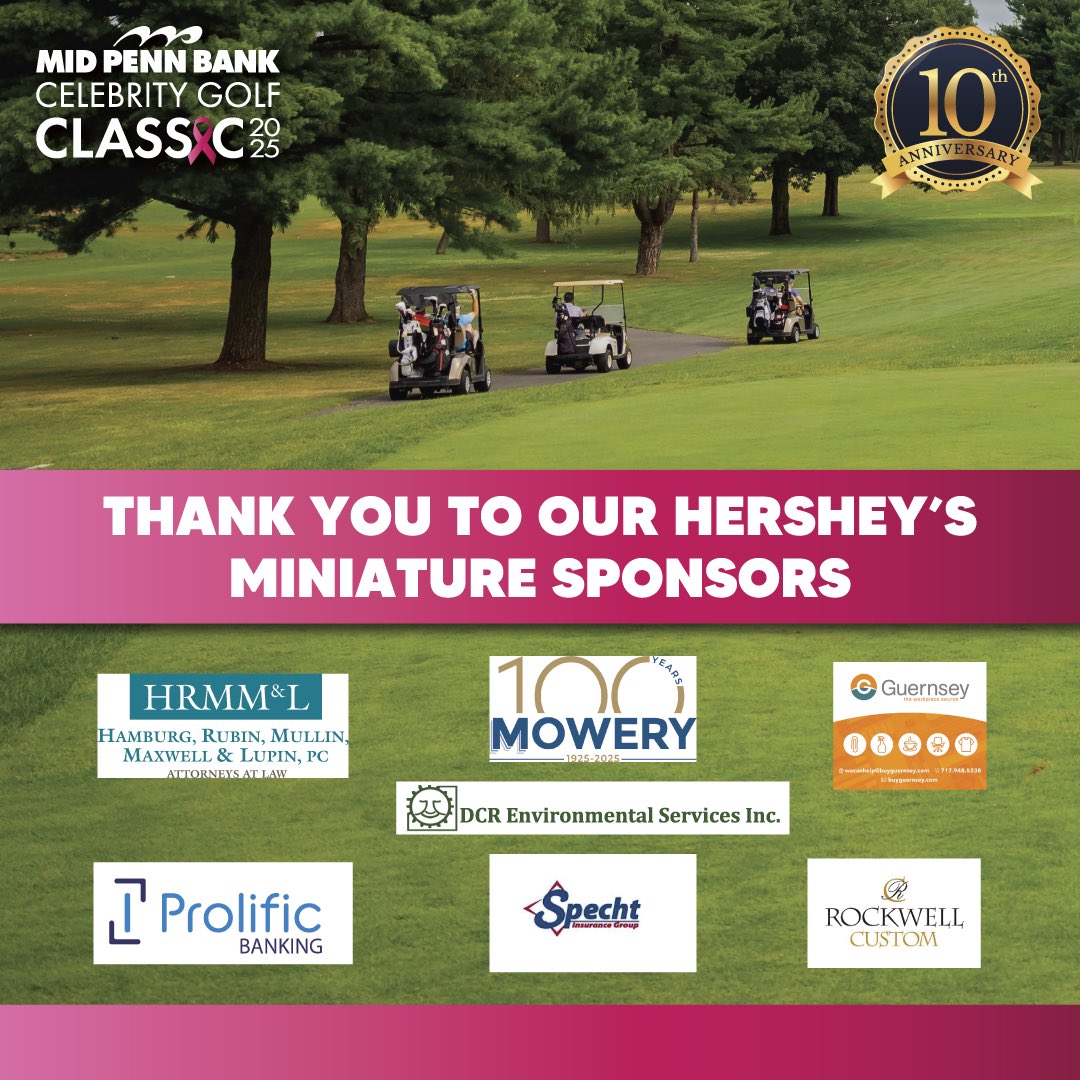 MPBGolfClassic's tweet image. Thank you to our HERSHEY'S MINIATURE sponsors of the 2025 Mid Penn Bank Celebrity Golf Classic⛳!
- HRMM&L
- Prolific Banking
- Mowery Construction
- DCR Environmental Services Inc.
- Specht Insurance Group
- Guernsey
- Rockwell Custom
Thank you for supporting breast cancer…