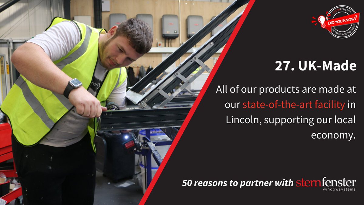 Our 80,000 sqft state-of-the-art manufacturing facility in Lincoln is Gold Investors in People accredited, and employs over 200 skilled operatives, customer service representatives and sales staff.

ow.ly/ONNb50WiVO3

#Sternfenster  #50ReasonsToPartnerWithSternfenster