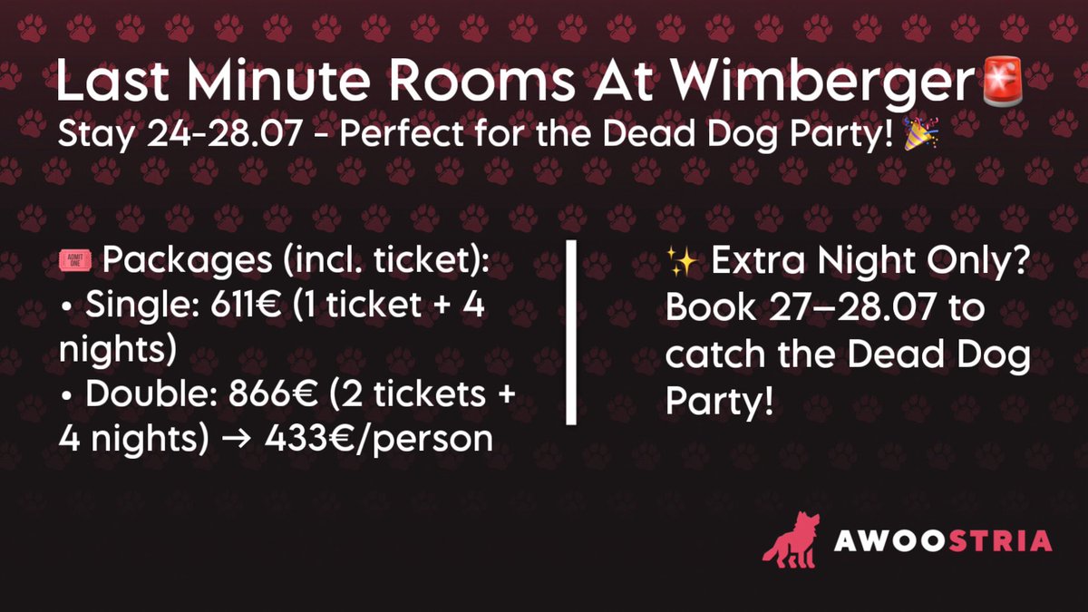 LAST MINUTE – ROOMS AT WIMBERGER AVAILABLE! 🛏

Due to a few canceled bookings, a limited number of hotel rooms at Wimberger are still available from 24.07 to 28.07 – and they come with con tickets! 

Or want to extend your stay to enjoy the full Dead Dog Party experience?

(1/4)