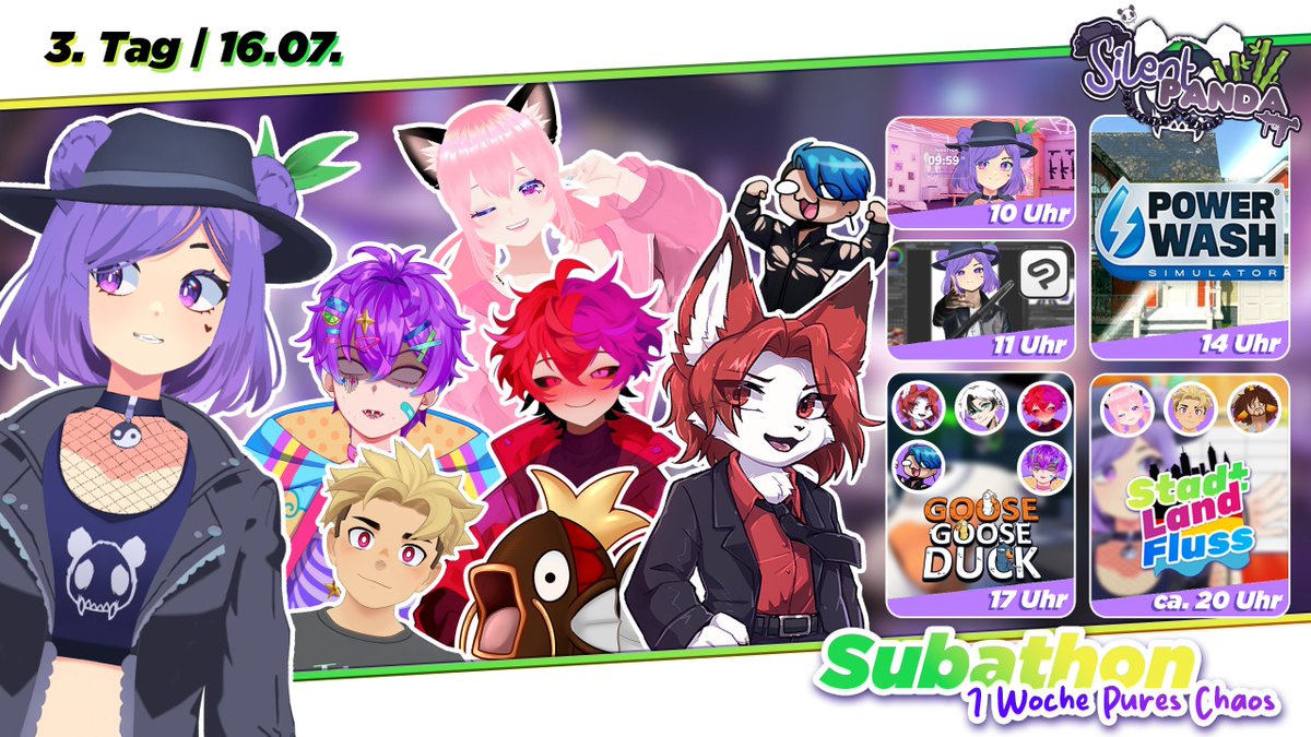 🔹 𝗦𝗨𝗕𝗔𝗧𝗛𝗢𝗡 𝗧𝗔𝗚 𝟯 🔹

🍳 10:00 – gemeinsames Frühstück / Ankommen
✏️ 11:00 – Draw VTubers in Other Styles
☕ 13:00 – Pause (1 Stunde)
🧽 14:00 – Einzelspieler Spiel: PowerWash Simulator
🦆 17:00 – Collab: Goose Goose Duck mit <a href="/LawlightVT/">Lawlight🎲 |GerVTuber</a>, <a href="/KuraisamaVT/">Kuraisama || Crack-Head</a>, <a href="/TheBlueShadez/">BlueShadez</a>,