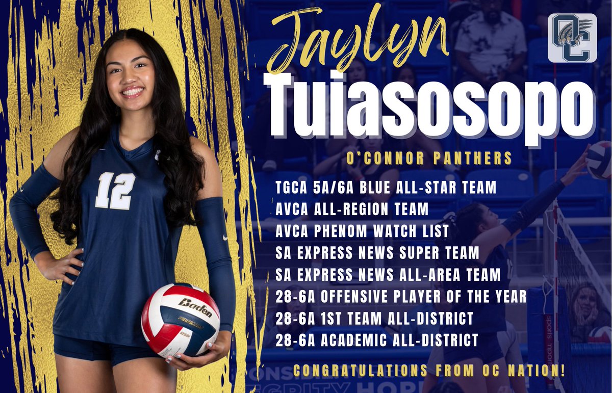 O’Connor Volleyball (@ocvbpanthers) on Twitter photo Congrats Jaylyn Tuiasosopo on being selected to the TGCA 🏐 All Star Team!!
Good luck tonight and have a blast, you’ve earned it.
OCVB, Panther Nation and NISD are so proud of you!!
<a href="/OCathletics1819/">O’Connor HS Athletics</a> <a href="/OCRobMartinez/">Robert_Martinez</a> <a href="/NISDOConnorHS/">O'Connor High School</a> <a href="/NISD_Athletics/">NISD_Athletics</a> <a href="/NISD/">Northside ISD</a> <a href="/AustinTGCA/">TGCA</a> Congrats Jaylyn Tuiasosopo on being selected to the TGCA 🏐 All Star Team!!
Good luck tonight and have a blast, you’ve earned it.
OCVB, Panther Nation and NISD are so proud of you!!
<a href="/OCathletics1819/">O’Connor HS Athletics</a> <a href="/OCRobMartinez/">Robert_Martinez</a> <a href="/NISDOConnorHS/">O'Connor High School</a> <a href="/NISD_Athletics/">NISD_Athletics</a> <a href="/NISD/">Northside ISD</a> <a href="/AustinTGCA/">TGCA</a>