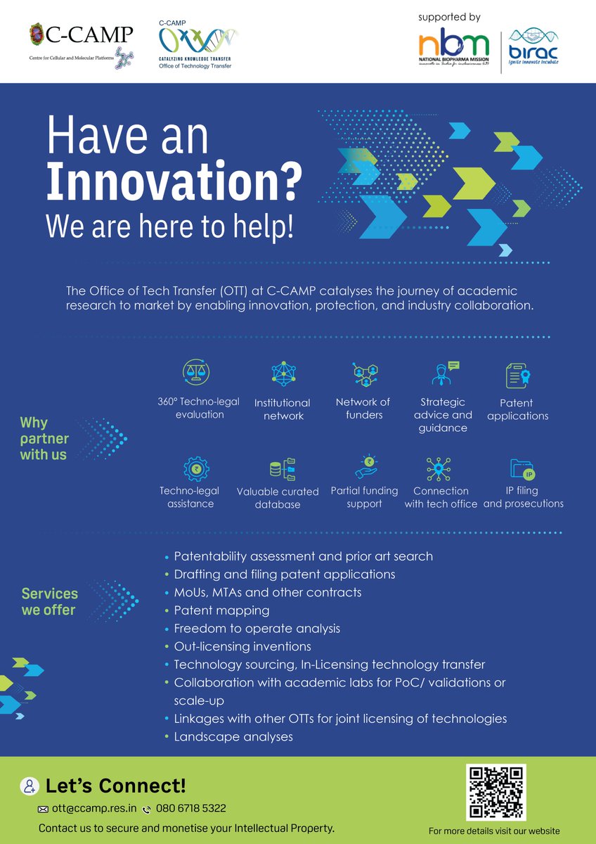 Have an Innovation? We’re here to help!

The Office of Tech Transfer at CCAMP, supported by NBM <a href="/BIRAC_2012/">DBT-BIRAC</a>, will help take your academic research to market. 

From patent filing and techno-legal support to landscape analyses and licensing, we’ve got you covered!

Contact us:
