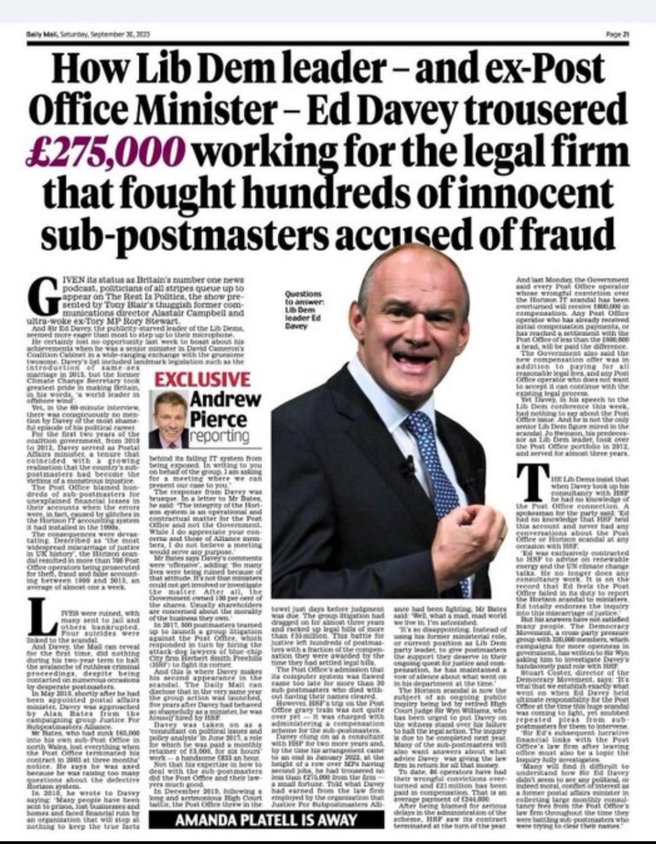 <a href="/Haggis_UK/">Haggis_UK 🇬🇧 🇪🇺</a> Like <a href="/EdwardJDavey/">Ed Davey</a>  has any room for talk of being held to account. I would love to see him questioned on what he did with over £275,000 that he pocketed from the suicides of 13 sub-postmasters wrongly accused. He knew they were innocent, same as Paula Vennels! #TheyKnewIt