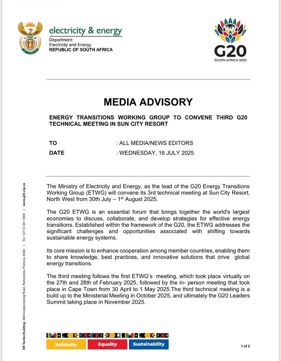 DOEE_ZA's tweet image. ENERGY TRANSITIONS WORKING GROUP TO CONVENE THIRD G20 TECHNICAL MEETING IN SUN CITY RESORT