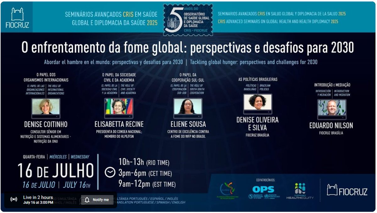 HLPE-FSN (@hlpe_cfs) on Twitter photo 🔴 Happening today!
"Tackling global hunger: perspectives and challenges for 2030"
🕒 15:00 CEST | 10:00 Brasília
🌐 EN | ES | PT
With HLPE-FSN’s Elisabetta Recine, <a href="/bettarecine/">Elisabetta Recine</a>, & global experts.
🎥 Watch live (EN): youtube.com/watch?v=V52GwL…
Join us! 🔴 Happening today!
"Tackling global hunger: perspectives and challenges for 2030"
🕒 15:00 CEST | 10:00 Brasília
🌐 EN | ES | PT
With HLPE-FSN’s Elisabetta Recine, <a href="/bettarecine/">Elisabetta Recine</a>, & global experts.
🎥 Watch live (EN): youtube.com/watch?v=V52GwL…
Join us!