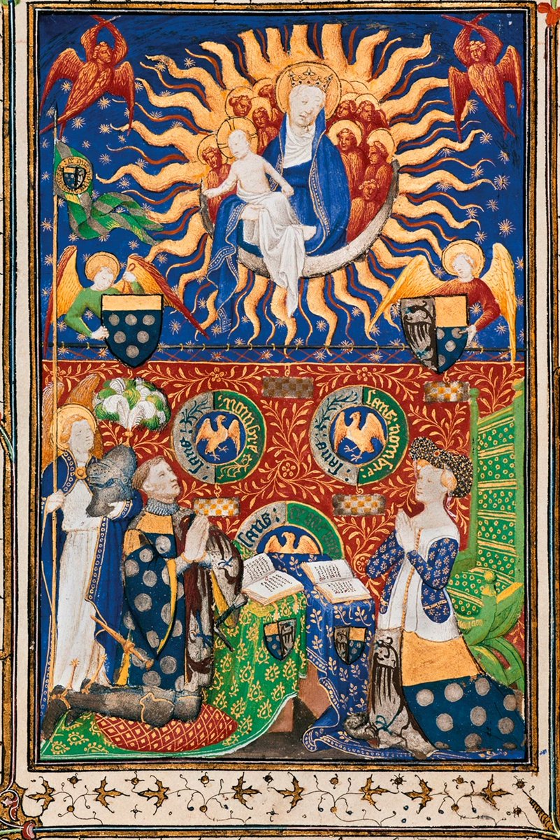 VirDesideriorum's tweet image. Jean de Boucicaut, a Marshal of France, commissioned an impressive book of hours around 1405. In this image, Jean is depicted alongside the archangel Michael and his wife, Antoinette de Turenne, in a moment of deep prayer.
The miniature, painted in vivid colors, features Jean's…