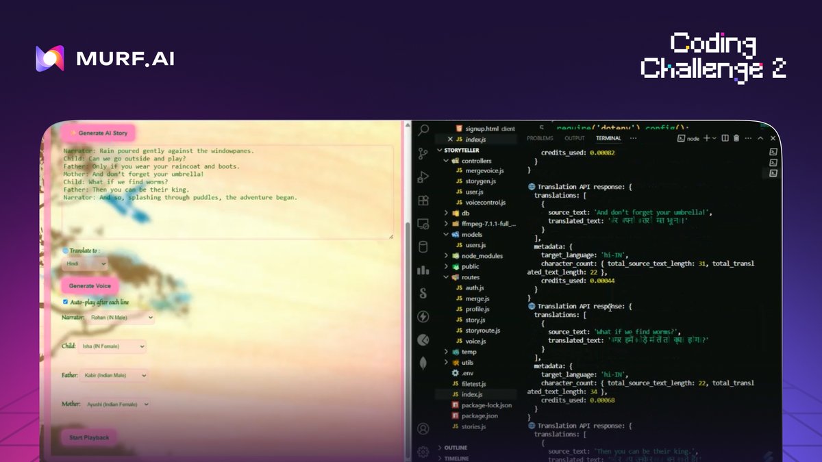 MurfAIStudio's tweet image. What if you could write a story and hear it come alive in your favorite language?
This full-stack app makes that possible, built in just days for the second #murfapi coding challenge.
(1/3) 👇