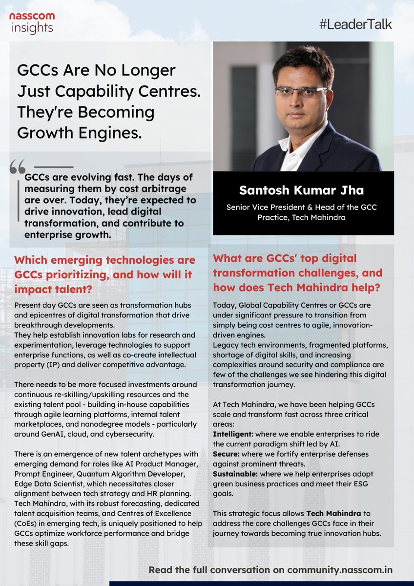 NasscomR's tweet image. Is your Global Capability Center (GCC) truly future-ready? ||  #LeaderTalk

Dive into a compelling Nasscom Community Leader Talk conversation with Santosh Kumar Jha, SVP &amp;amp; Head of GCC Practice at @tech_mahindra, as he shares insights on the evolving landscape of GCCs.

 This…