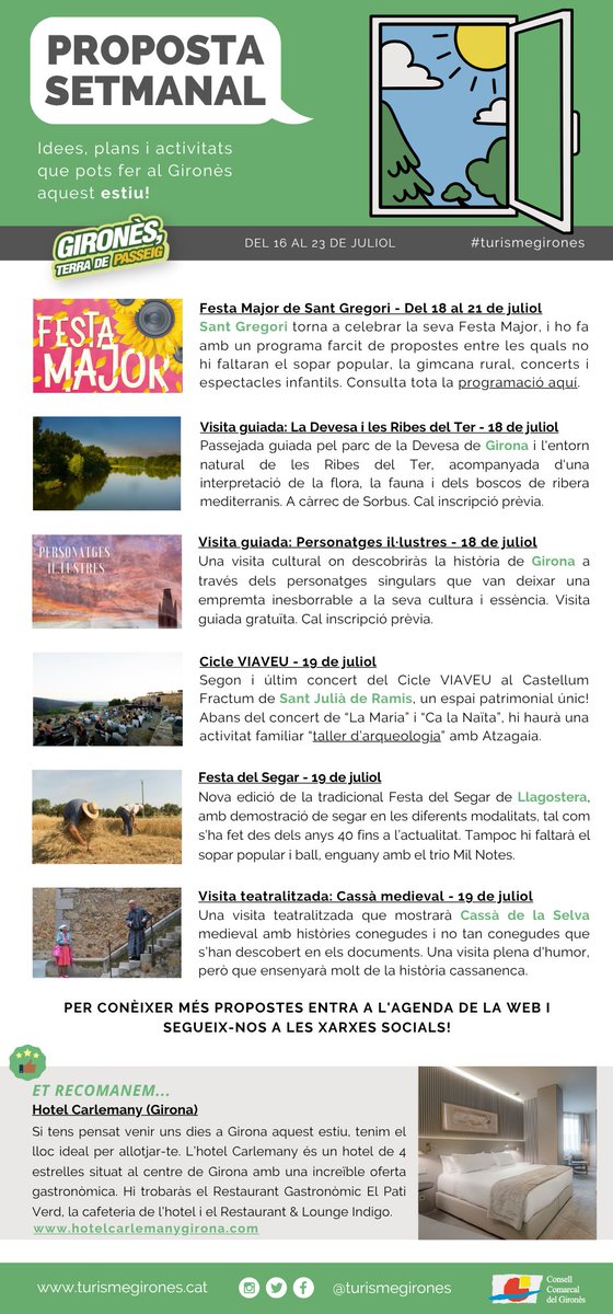 🎉 Al juliol, qui no surt és perquè no vol!

🗓️ Consulta la nostra #PropostaSetmanal del 16 al 23 de juliol al #Gironès!

➡️ turismegirones.cat/wp-content/upl…

📬 Entra al web i SUBSCRIU-TE per rebre-la cada setmana abans que ningú!

#turismegirones