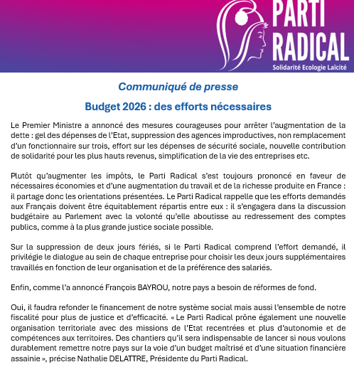 Parti Radical (@partiradical) on Twitter photo 📣 #Budget2026 : le <a href="/PartiRadical/">Parti Radical</a> partage les orientations présentées par <a href="/bayrou/">François Bayrou</a>, rappelle que les efforts demandés aux Français doivent être équitablement répartis et prône une nouvelle organisation territoriale avec plus d’autonomie aux #territoires.
➡️ bit.ly/3GOn82S 📣 #Budget2026 : le <a href="/PartiRadical/">Parti Radical</a> partage les orientations présentées par <a href="/bayrou/">François Bayrou</a>, rappelle que les efforts demandés aux Français doivent être équitablement répartis et prône une nouvelle organisation territoriale avec plus d’autonomie aux #territoires.
➡️ bit.ly/3GOn82S
