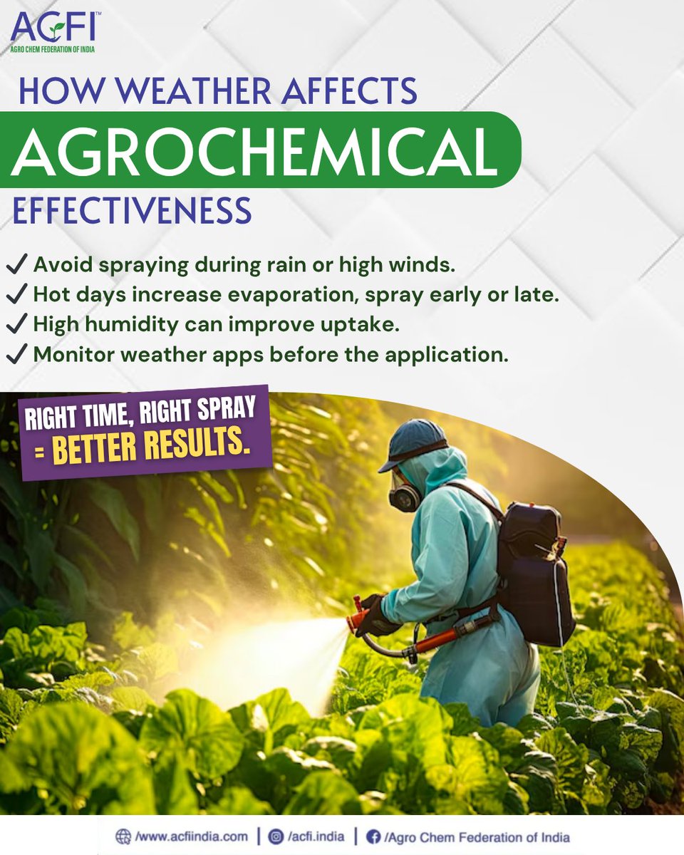 Weather plays a key role in agrochemical success—spray smart by timing it right for better crop results! 🌾🌦️

#SmartFarming #Agrochemicals #CropProtection #FarmingTips #SustainableAg #FarmerAwareness #AgriTips #FasalKiSuraksha #acfiindia #ACFI #AgroChemFederation