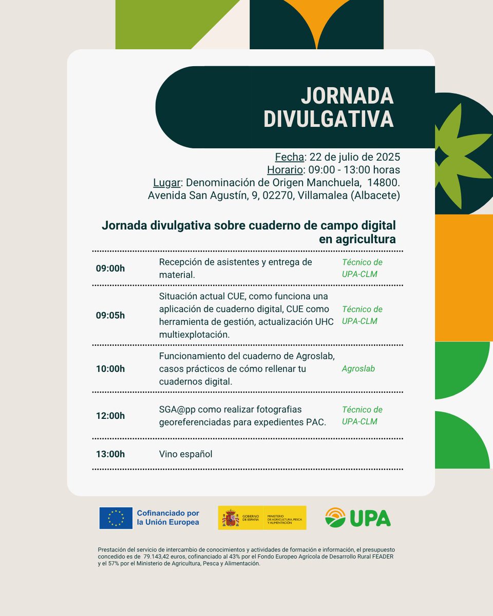 RAICES_info's tweet image. 🧑‍🌾📲 Si quieres estar al día en digitalización rural, no te pierdas nuestra jornada divulgativa sobre el cuaderno de campo. ¡Únete! 😉

🗓 22/7
🕘 09:00-13:00h
📍 Albacete

📢 Jornada gratuita con plazas limitadas. ¡No te lo pierdas! 🫵
🔗 digitupa.raices.info/inscripcion/?i…