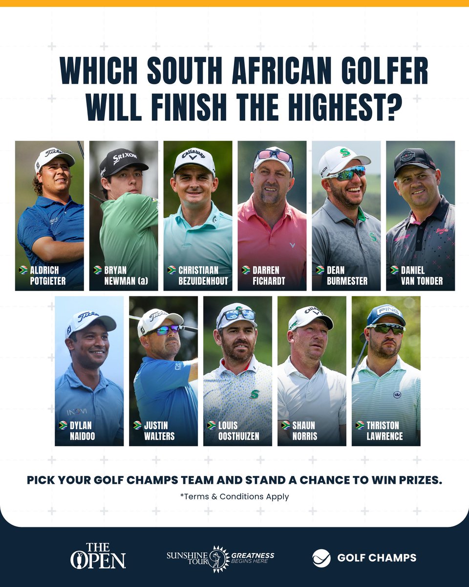 A strong South African 🇿🇦 contingent at #TheOpen this year.

Which players will make your <a href="/Golfchamps_/">Golf Champs</a> picks? Don’t forget to select your team and you could win prizes. 🏆 🎁 

#GreatnessBeginsHere #SunshineTour #TheOpen