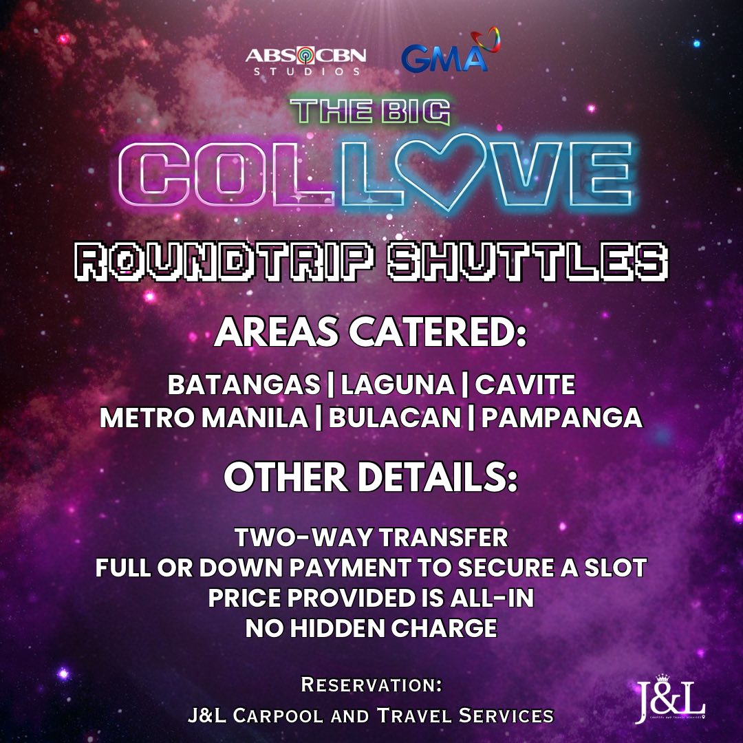 Few slots left for #TheBigCollove carpool ~ roundtrip concert service! 🚐 

The Big Collove Concert: PBB Collove

📅August 10, 2025
📍Smart Araneta Coliseum

BOOK HERE:forms.gle/JPpaUneD4fTj8q…

#PBBCelebrityCollabEdition #PBB #PinoyBigBrother #BreKa #CharEs #Azver #DusBia
