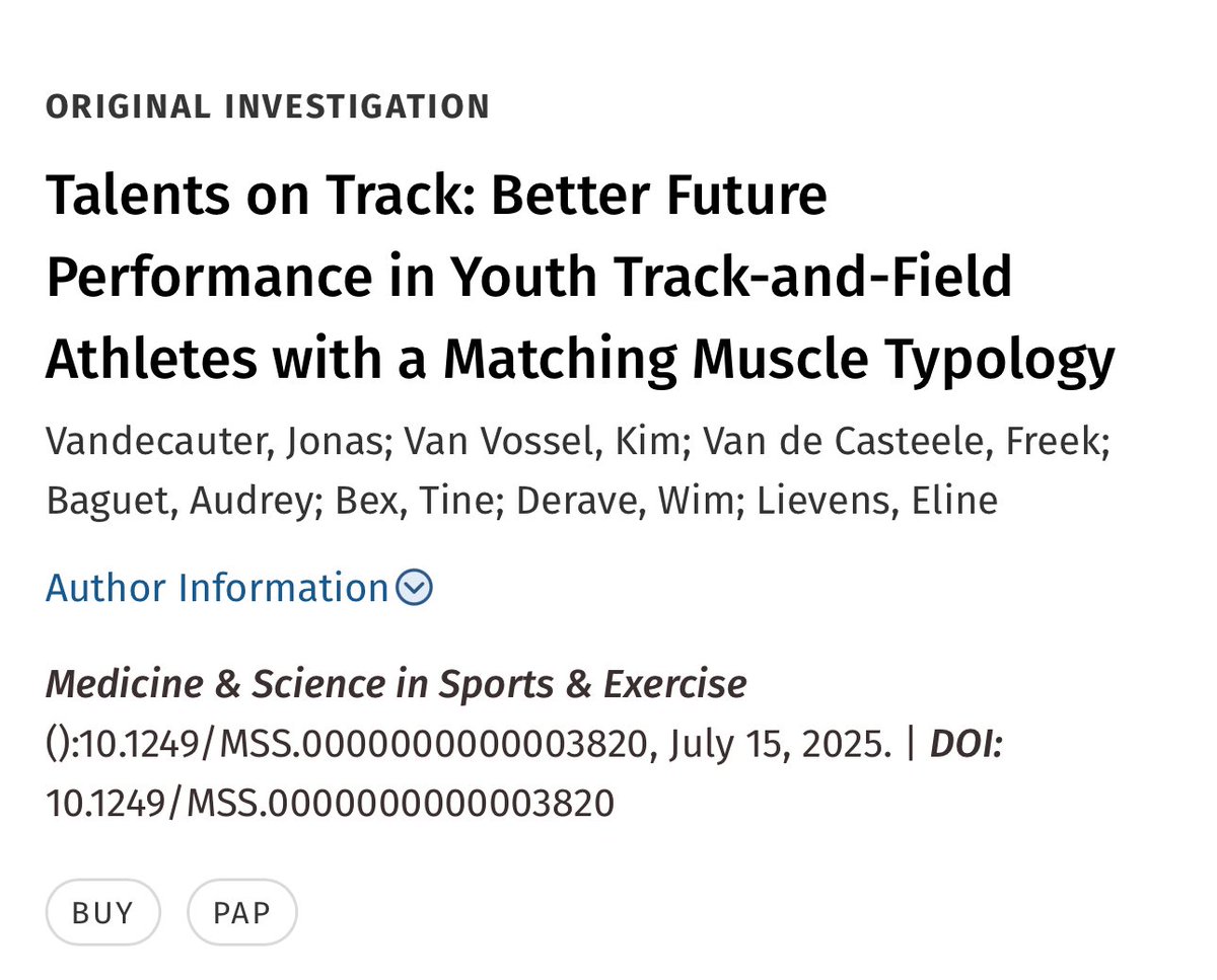 Brady Holmer (@b_holmer) on Twitter photo This is neat. 🧬
“…youth track-and-field athletes who train for a discipline that is deemed optimal based on their muscle typology, will attain a better performance at senior level, opening perspectives for talent identification.” This is neat. 🧬
“…youth track-and-field athletes who train for a discipline that is deemed optimal based on their muscle typology, will attain a better performance at senior level, opening perspectives for talent identification.”