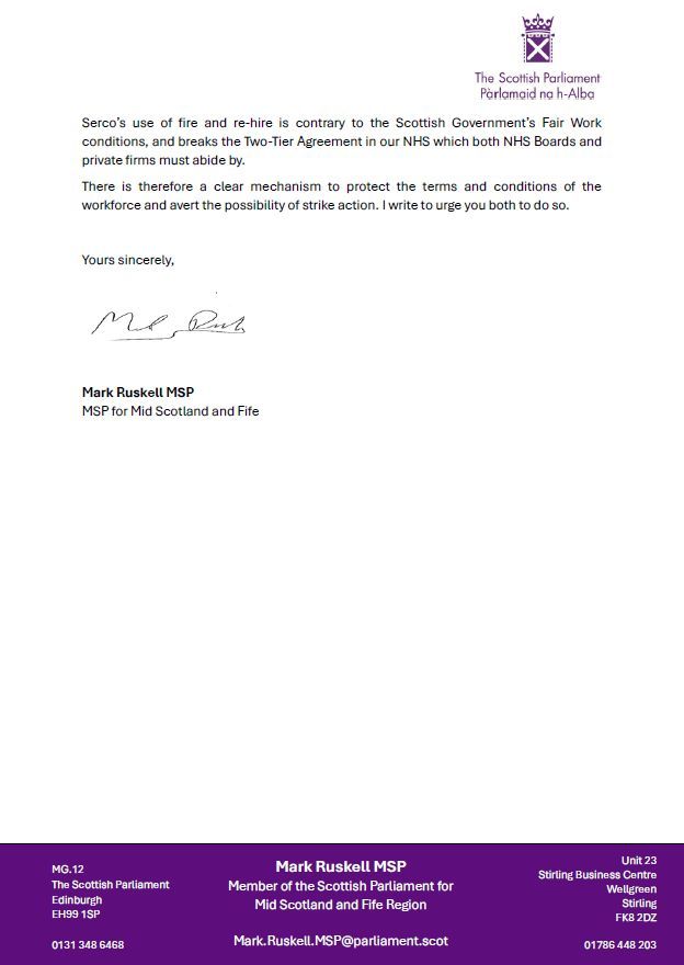 markruskell's tweet image. This week, I wrote to the Cabinet Secretary and Chief Executive of NHS Forth Valley Hospital to protect the workforce and prevent Serco from utilising fire-and-rehire tactics to change their contracts.